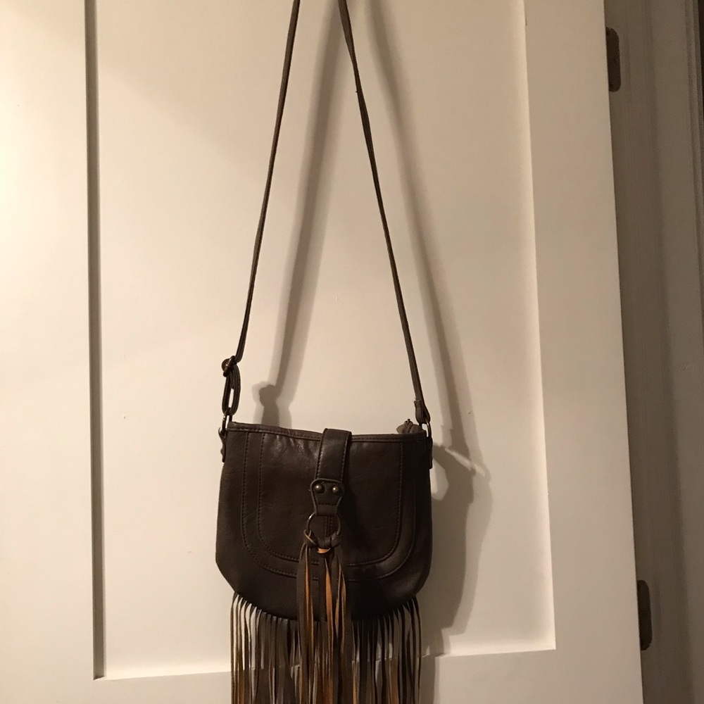 Brown leather fringe crossbody boho bag
